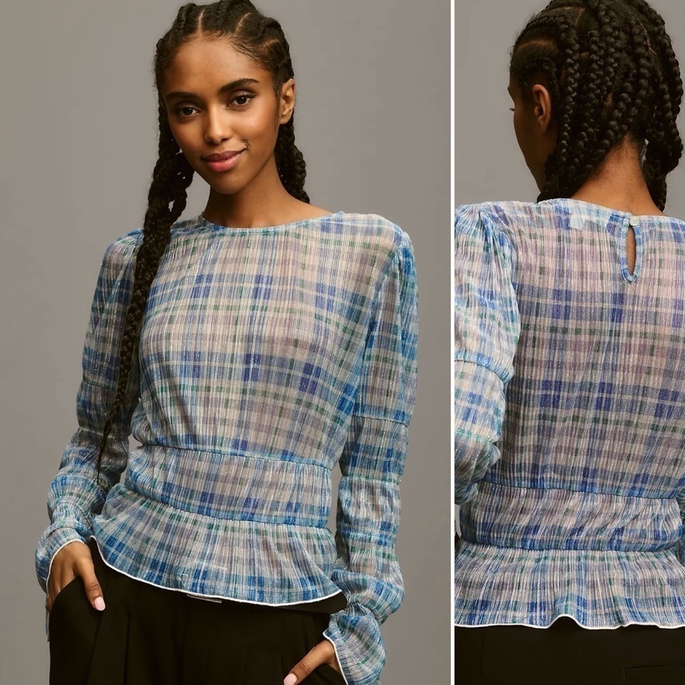 Anthropologie Porridge Long Sleeve Sheer Top Blue Plaid Metallic Sz M blouse